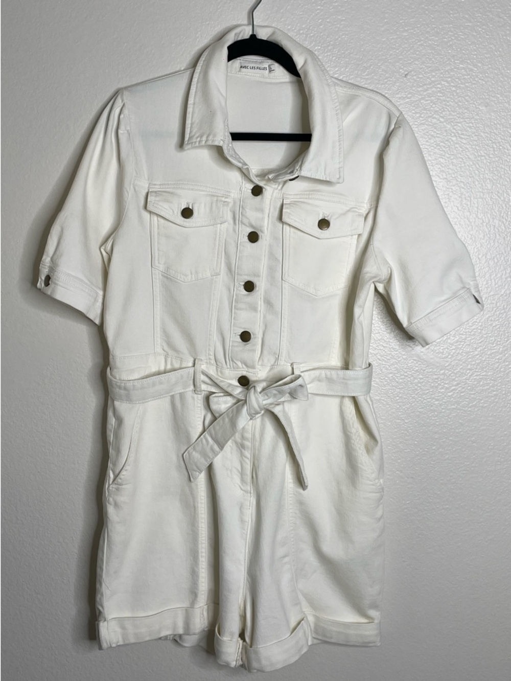 Ave  Les Filles White Denim Romper Size L Utility Belted Button Front Summer
